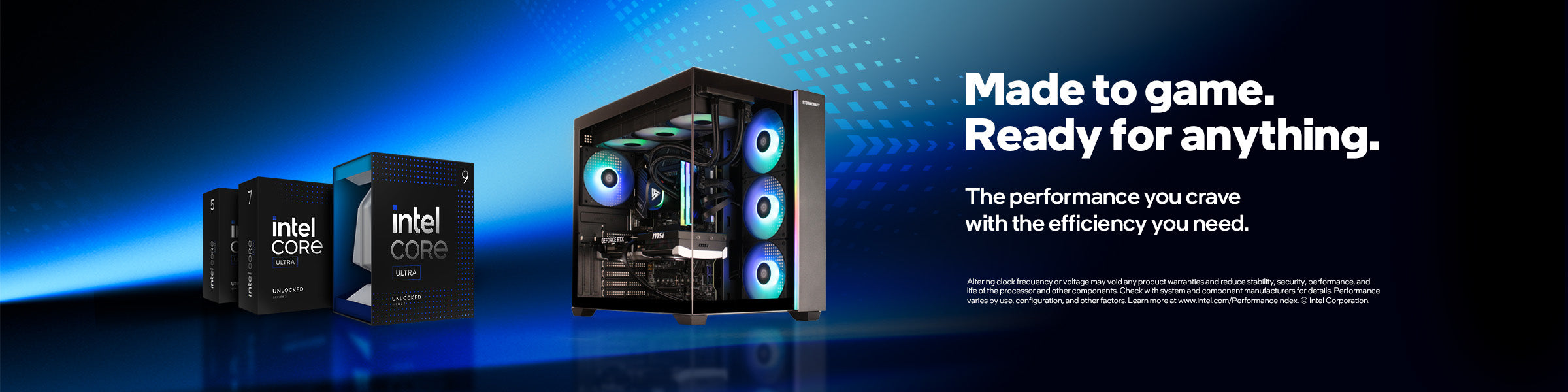 STORMCRAFT gaming PC banner featuring Intel Core Ultra processors and a desktop PC with RGB lighting, with headline “Made to game. Ready for anything.”