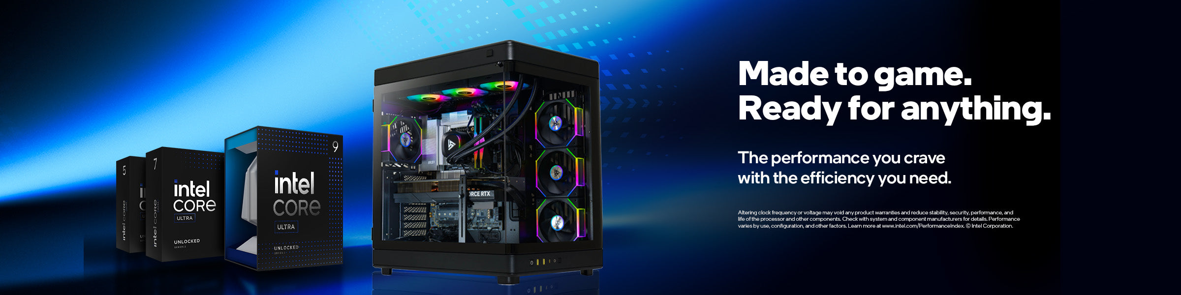 STORMCRAFT gaming PC banner featuring Intel Core Ultra processors and a desktop PC with RGB lighting, with headline “Made to game. Ready for anything.”