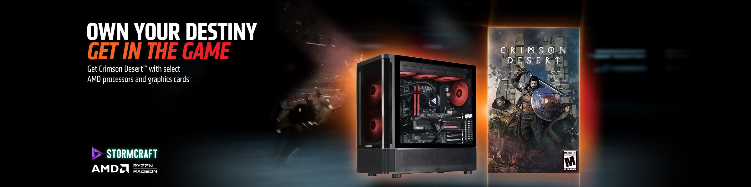 STORMCRAFT AMD Gaming PCs bundle banner featuring Crimson Desert, AMD Ryzen and Radeon, and a STORMCRAFT gaming desktop