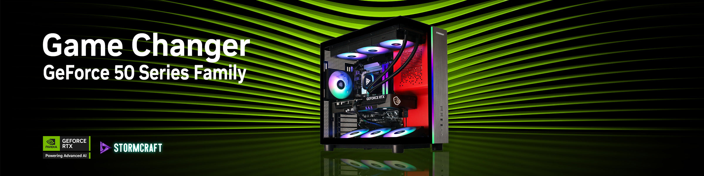 STORMCRAFT gaming desktop with GeForce RTX 50 Series, green light-beam banner featuring NVIDIA GeForce RTX and STORMCRAFT logos.