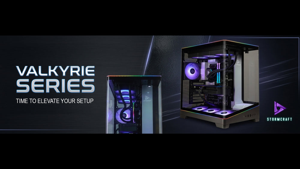 STORMCRAFT PC Valkyrie Series gaming desktops featuring panoramic RGB chassis designs